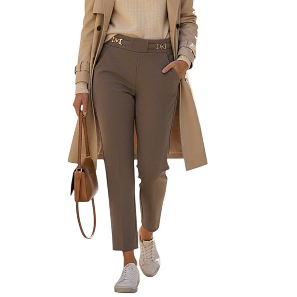 On Chio Women’s Dress Pants Gray Size M Straight Leg Trousers with Gold Buckle.